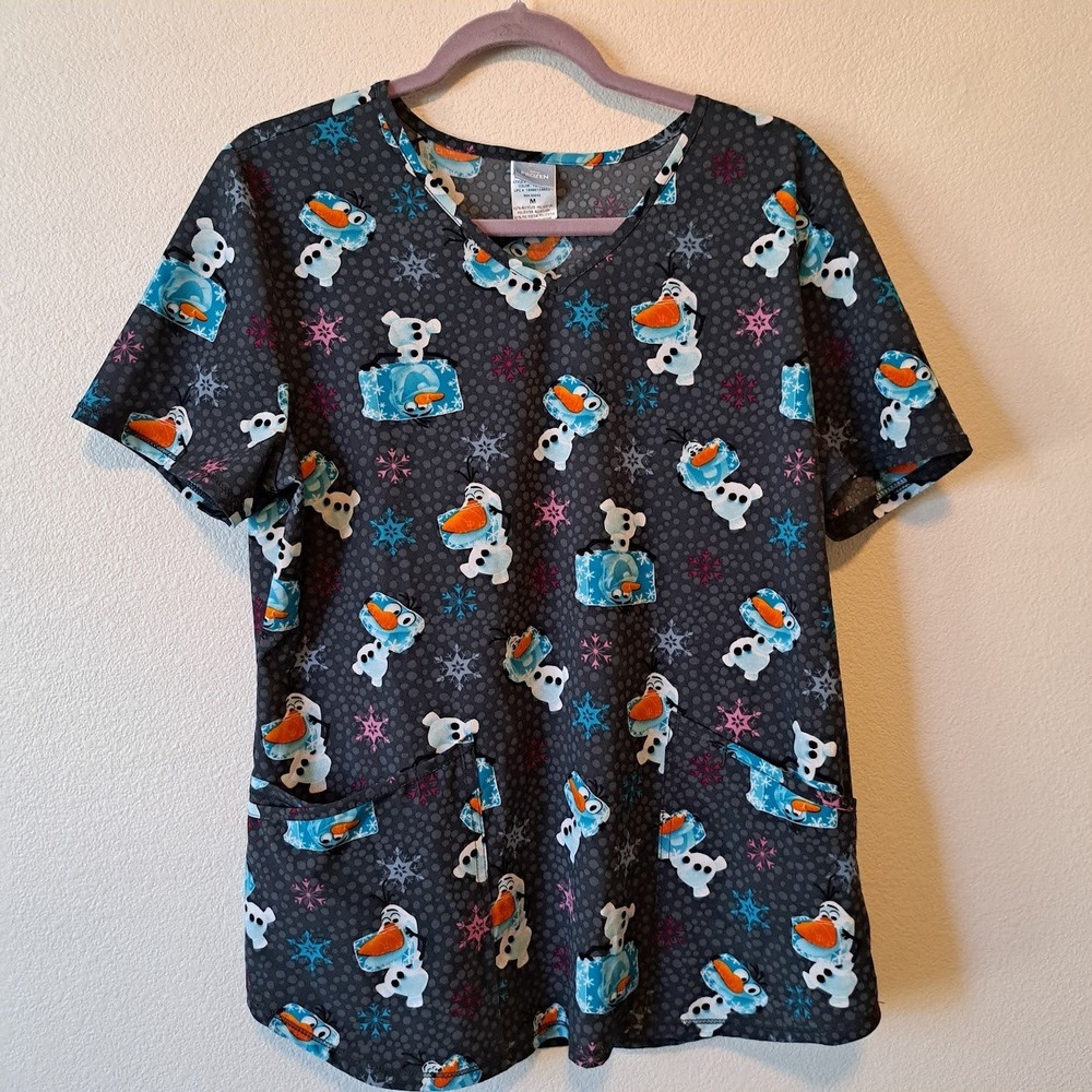 Disney Frozen Olaf Scrub Top Womens Medium Gray Snowman V-Neck Medical Uniform